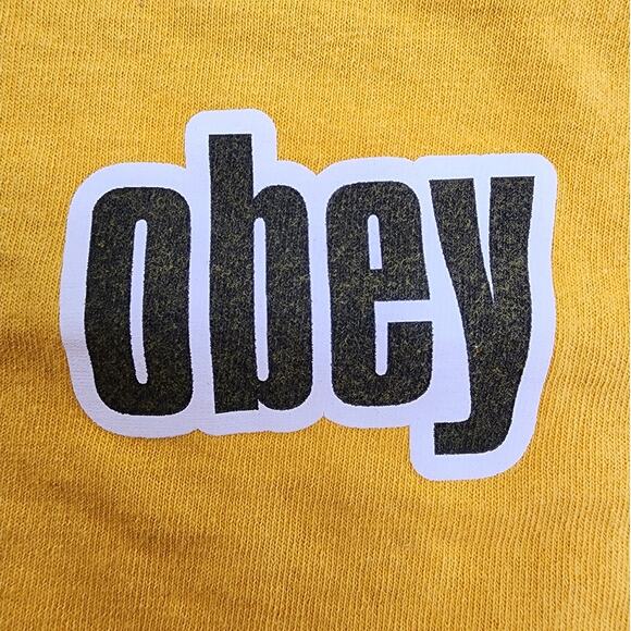 Vintage OBEY Top Womens M Mustard Yellow Boxy Crop Logo Graphic Tee Casual - Picture 2 of 8